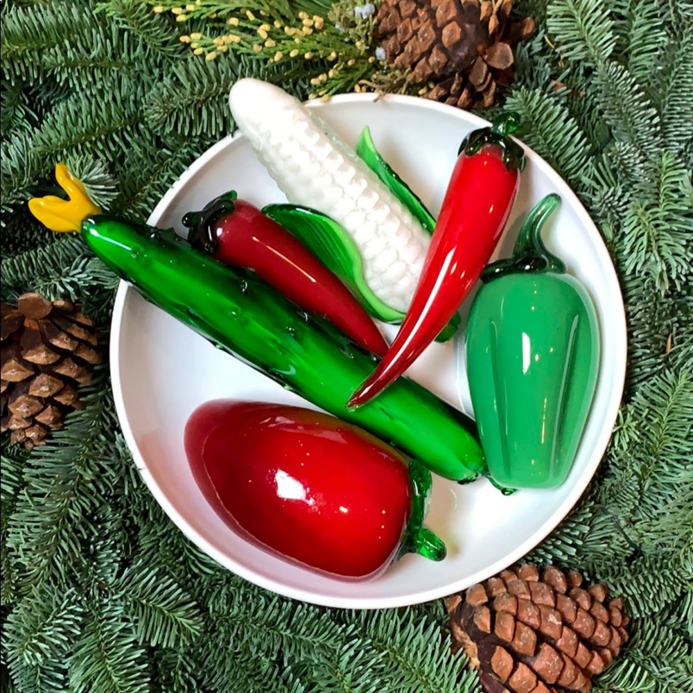 Six Handblown Glass Vegetable Variety Red & Green